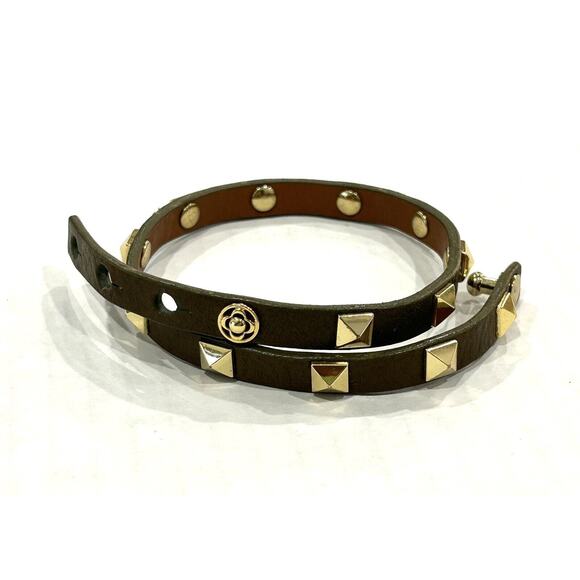 Stella & Dot Leather Wrap Bracelet Olive Brown Gold Studded Wrist Size 7” - Picture 2 of 2